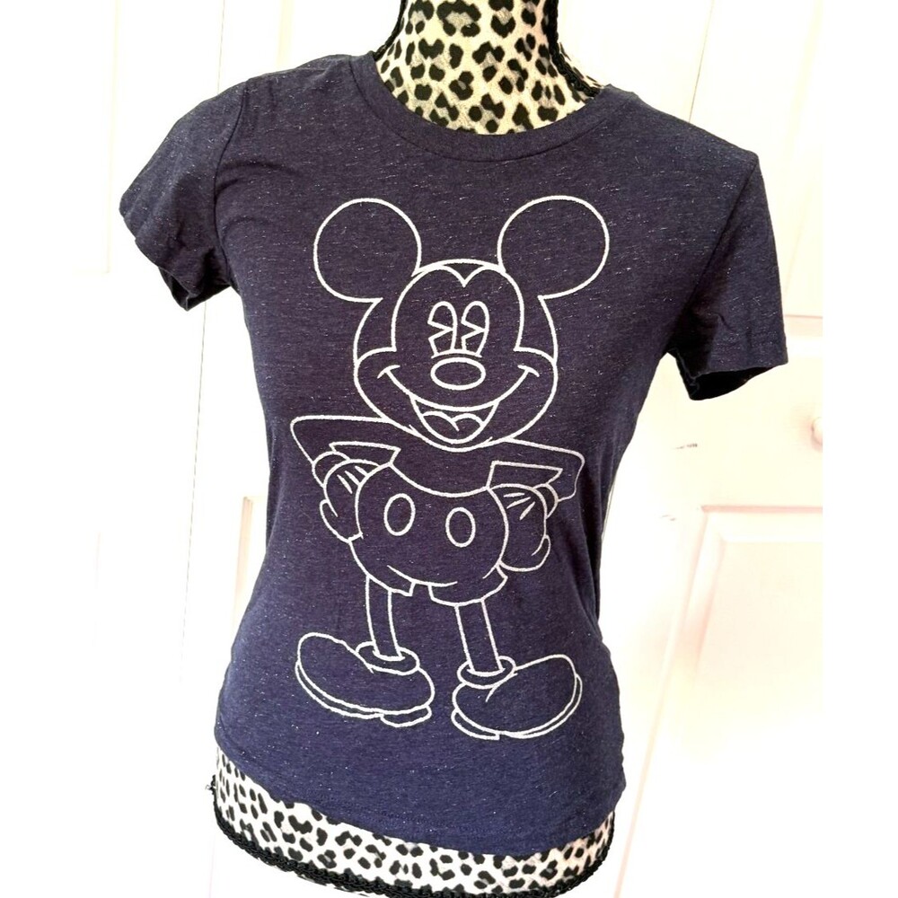 Disney Parks Baby Tee T-Shirt Blue Silver Glitter Mickey & Minnie Mouse